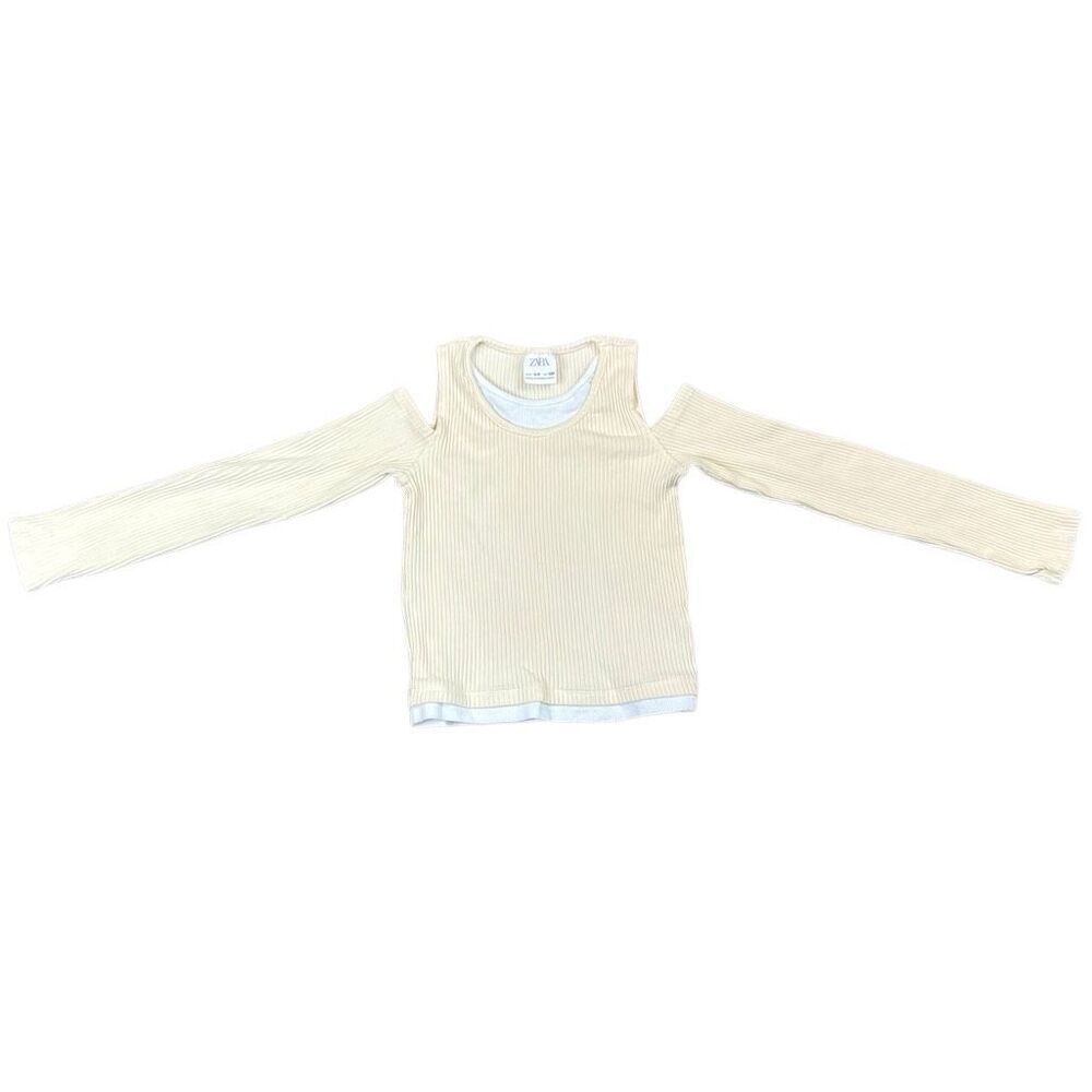 Zara Girls Cream Ribbed Long Sleeve Cold-Shoulder Cutouts Layered Top 8-9